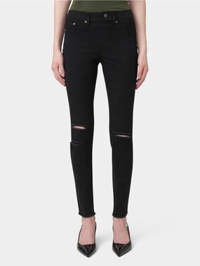 NWT HUE Black Ripped Knee Denim Leggings, Size Large, Skinny Jeans, Distressed